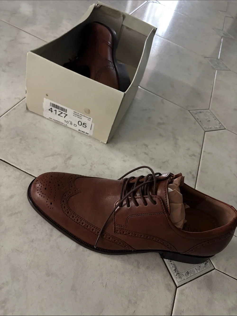 JM Harmon LA Men's Brown Leather Wingtip Oxford Dress Shoe w box no lid